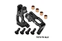 Two black GPM Racing aluminium C-hub carriers with mounting screws and bronze bushings on a white background.