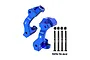 A pair of blue anodized aluminium C-hub carriers for RC cars, labeled L and R, with four black metal screws and four black nuts, set against a white background.
