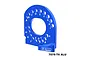 A blue anodized aluminium GPM Racing motor mount with lettered adjustment holes on a white background.