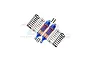 A pair of blue GPM Racing aluminium front RC shock absorbers with orange springs and additional silver and black springs and mounting hardware.