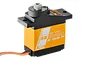 Savox SV-0255MG micro digital servo with a black plastic case, orange metal center section, and a metal output gear, isolated on a white background.