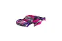 A pre-painted pink and purple Traxxas Slash short course truck body shell on a white background.