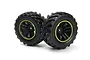 Two BlackZon Spryte RC monster truck wheels with black rubber tyres and black rims featuring a bright green accent ring.