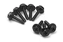 A set of eight black flanged socket head screws with coarse threads arranged on a white background.