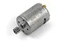 A silver brushed RC motor with an attached metal pinion gear, viewed from an angle against a white background.