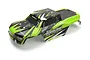 A pre-painted green and black RC truck body shell for the BlackZon Spryte MT, featuring aggressive geometric graphics and branding.