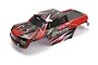 A pre-painted red, black, and white RC truck body shell for the BlackZon Spryte, featuring aggressive geometric graphics and branding.