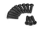 A collection of black countersunk head screws with coarse threads arranged on a white background.