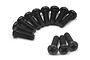 A collection of black pan head screws with Phillips drive heads arranged on a white background.