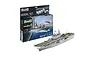 Revell 1/700 scale USS Wasp Class assault carrier plastic model kit with packaging, paints, and brush included.