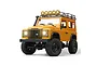A yellow MN Model Land Rover RC rock crawler with working headlights and roof-mounted spotlights, isolated on a white background.