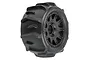 A single Pro-Line 1.9 inch Dumont paddle tyre pre-mounted on a black Raid wheel, shown in a studio setting.