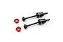 Two black metal RC CVD driveshafts with YR branding and two red anodized aluminum washers on a white background.