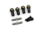 A set of RC steering linkage components including four black plastic rod ends with brass inserts, two threaded steel turnbuckles, and two black screws.