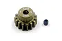 A bronze-coloured 15-tooth pinion gear with YR logo and 08P markings, accompanied by a small black grub screw on a white background.