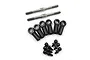 A set of Yeah Racing silver titanium turnbuckles, black plastic rod ends, and black metal ball studs on a white background.