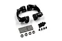 A set of black aluminium C-hub carriers by Yeah Racing, including four metal pins, four small ball bearings, and eight black screws on a white background.
