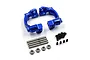 A set of dark blue anodized aluminium C-hubs for RC cars, including metal pins, ball bearings, and small black screws, arranged on a white background.