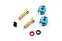 A set of Yeah Racing 4mm bullet plugs with blue aluminium grips, including gold-plated connectors, grub screws, and O-rings.
