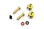 A set of gold-coloured 4mm bullet plugs with matching grips, small grub screws, and two O-rings on a white background.