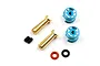 A set of Yeah Racing 5mm bullet plugs with blue aluminium grips, including gold-plated connectors, set screws, and O-rings.