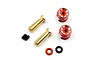 Yeah Racing 5mm bullet plug set with red aluminium grips, gold-plated connectors, set screws, and O-rings on a white background.