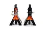 Two black 1/10 scale model jack stands with flame-pattern decals and silver locking pins against a white background.