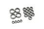 A set of 18 metal shielded ball bearings of various sizes arranged on a white background.