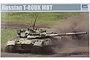 Product packaging for a Trumpeter 1/35 scale Russian T-80UK Main Battle Tank plastic model kit featuring an action shot of the tank.