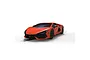 A studio shot of a red Scalextric 1/32 scale Lamborghini Revuelto slot car on a white background with tire marks.