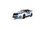 Scalextric 1/32 scale BMW 330E NGTC slot car featuring Laser Tools livery, white and blue paint scheme, and black racing wheels on a track section.