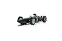 A 1/32 scale Scalextric 1962 BRM P57 slot car in British Racing Green, featuring a driver figure and racing number 17, positioned on a slot track section.