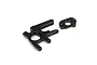 A black anodized aluminum motor mount and a separate small adapter plate for an RC vehicle, shown against a plain white background.