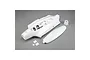 E-Flite Opterra fuselage set including the main white foam fuselage, hatch cover, nose cone, and small adhesive pads on a grey background.