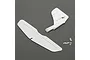 E-Flite UMX Radian tail set including horizontal stabilizer, vertical stabilizer, and small plastic control hardware components.