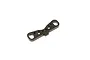 Kyosho aluminium rear lower suspension arm brace in gunmetal finish, viewed from an angle against a white background.