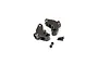 Two gunmetal aluminium rear hubs for an RC car, accompanied by two small black screws and two ball studs on a white background.