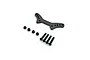 Kyosho carbon fibre front shock tower with four black screws and four black nuts on a white background.