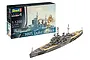 A Revell 1/1200 scale HMS Duke of York battleship model kit box next to an assembled and painted model of the ship.