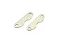 Two metallic, elongated brake disc pad plates with rounded ends and a central cutout, viewed from above against a white background.