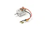A small brushed DC electric motor with a metal casing, red and black wires, and two metal terminal connectors.