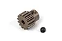 A brass 14-tooth pinion gear for RC cars, shown with a separate black grub screw on a white background.