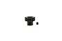 A black steel 14-tooth pinion gear with a matching grub screw isolated on a white background.