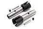 Two Maverick RC wheel axles with drive pins and grub screws on a white background.
