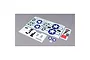 A set of E-Flite P-47 decal sheets featuring US military insignia, serial numbers, and a cartoon tornado graphic on a grey background.
