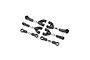 A set of Losi adjustable camber and steering links featuring black plastic rod ends and metal turnbuckles, arranged on a white background.