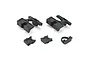 Losi RC spare parts including two black plastic bulkheads and three smaller retainer components on a white background.