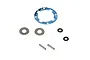 A set of RC differential spare parts including a blue gasket, two metal washers, two O-rings, and two small metal pins on a white background.