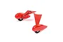 A red E-Flite RC plane landing gear set featuring two wheel fairings and struts against a white background.