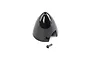 A black plastic RC airplane spinner with a single mounting screw, isolated on a white background.